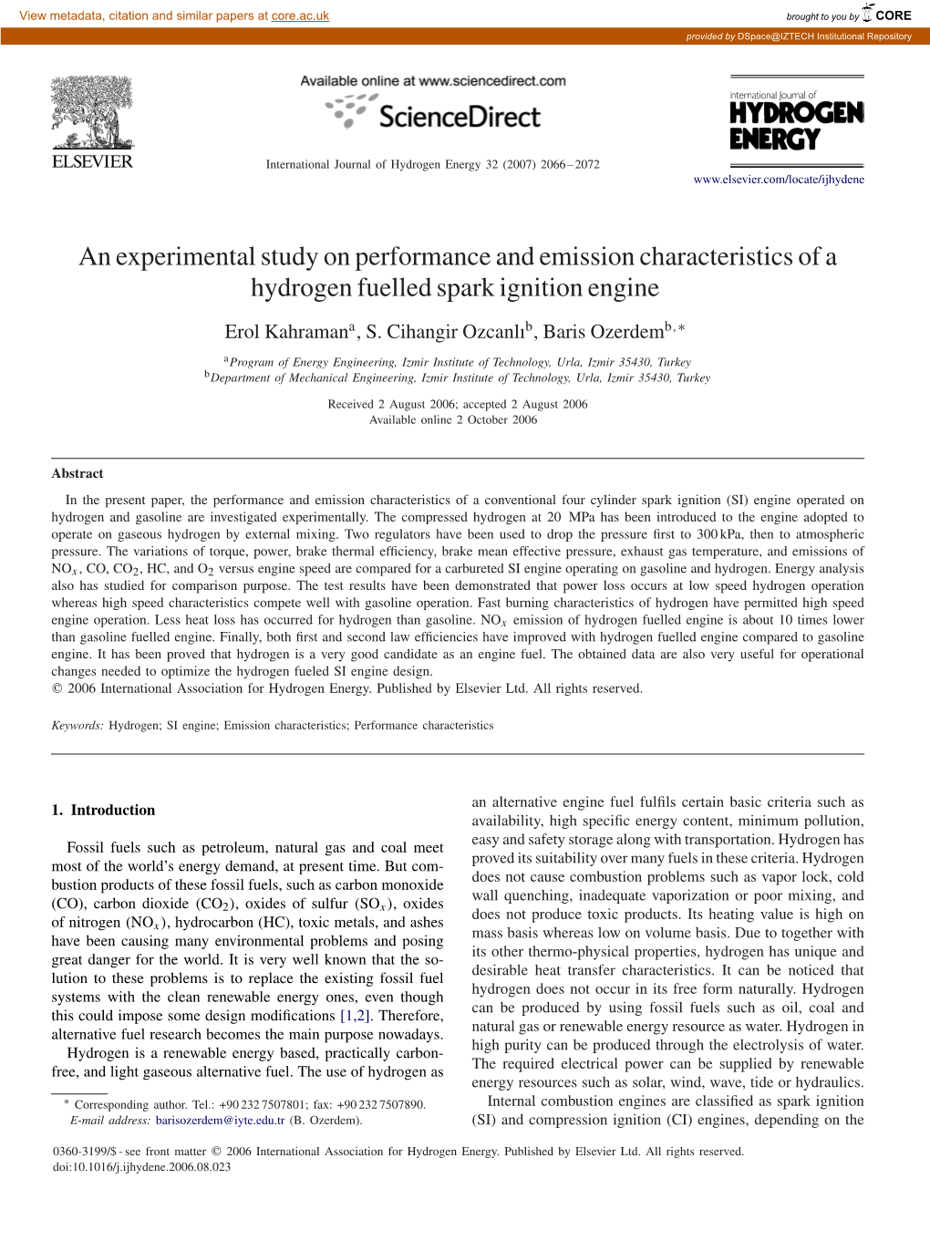 An Experimental Study on Performance and Emission Characteristics of a Hydrogen Fuelled Spark Ignition Engine