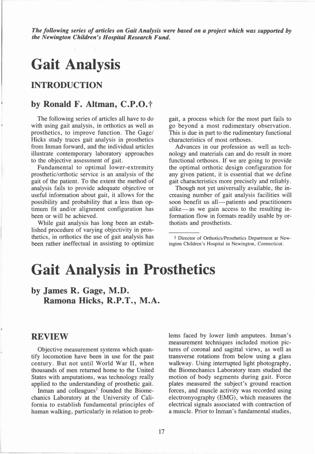 Gait Analysis in Prosthetics by James R
