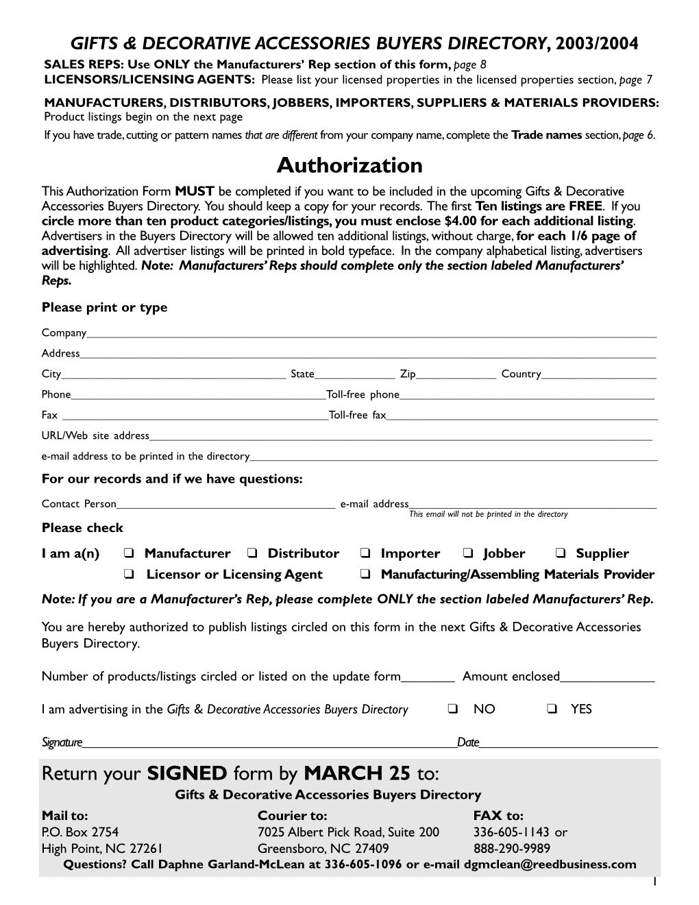 Authorization This Authorization Form MUST Be Completed If You Want to Be Included in the Upcoming Gifts & Decorative Accessories Buyers Directory