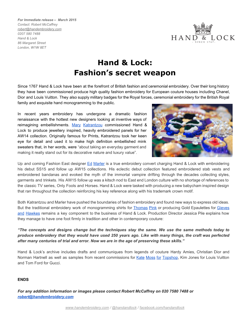 PRESS RELEASE: Hand & Lock, Fashion's Secret Weapon