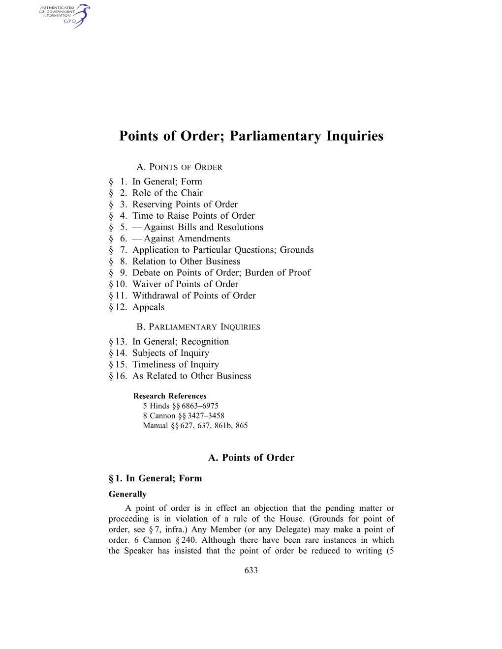 Points of Order; Parliamentary Inquiries