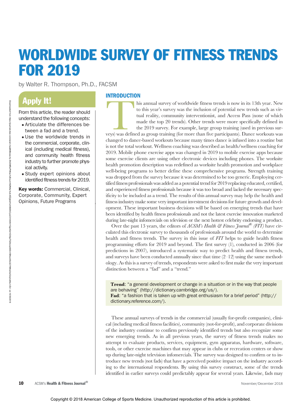 Worldwide Survey of Fitness Trends for 2019