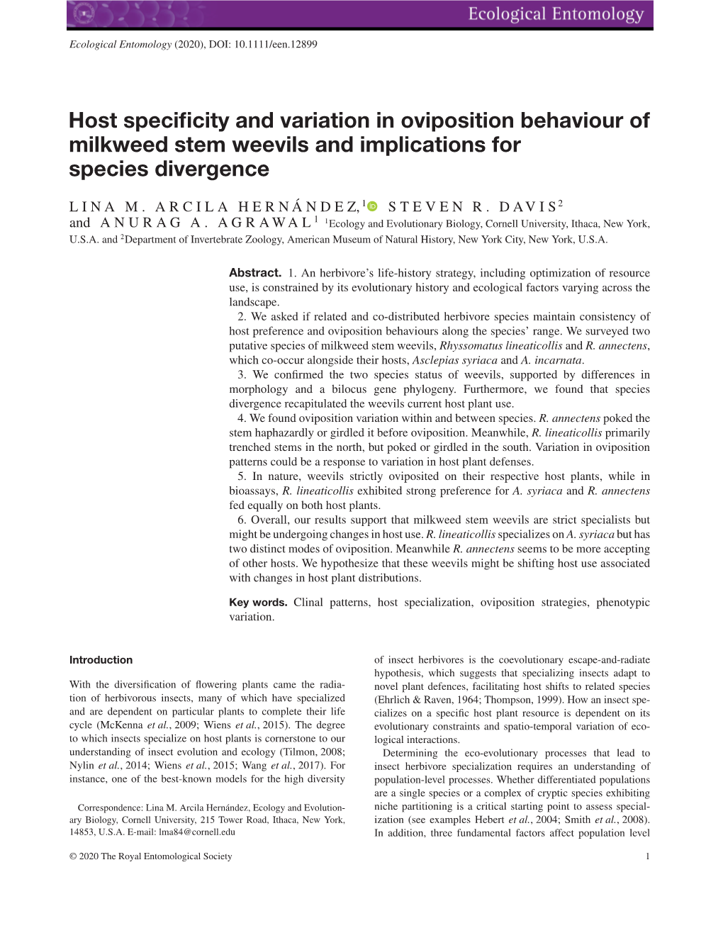 Host Specificity and Variation in Oviposition Behaviour of Milkweed