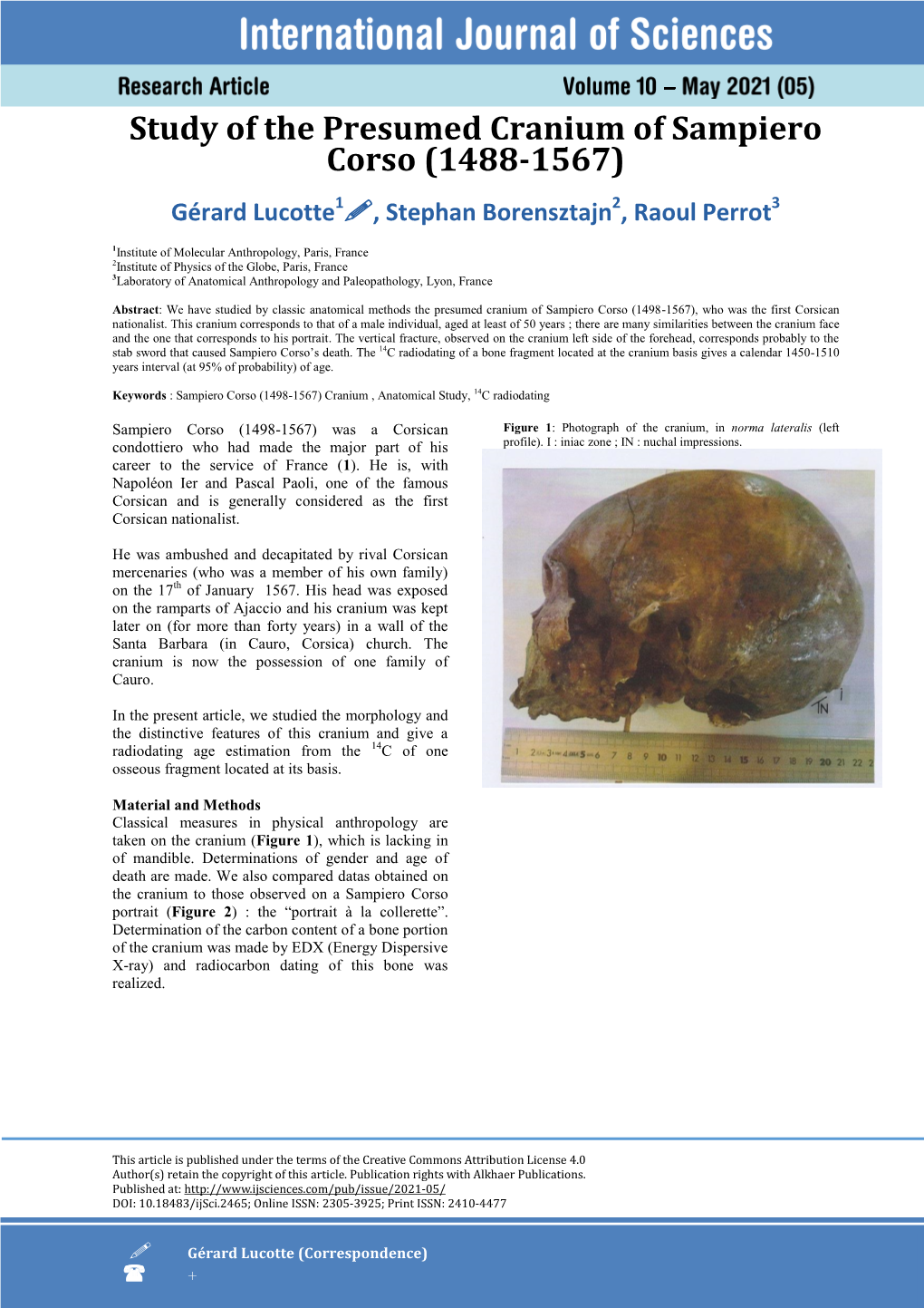 Study of the Presumed Cranium of Sampiero Corso (1488-1567) Gérard Lucotte1, Stephan Borensztajn2, Raoul Perrot3