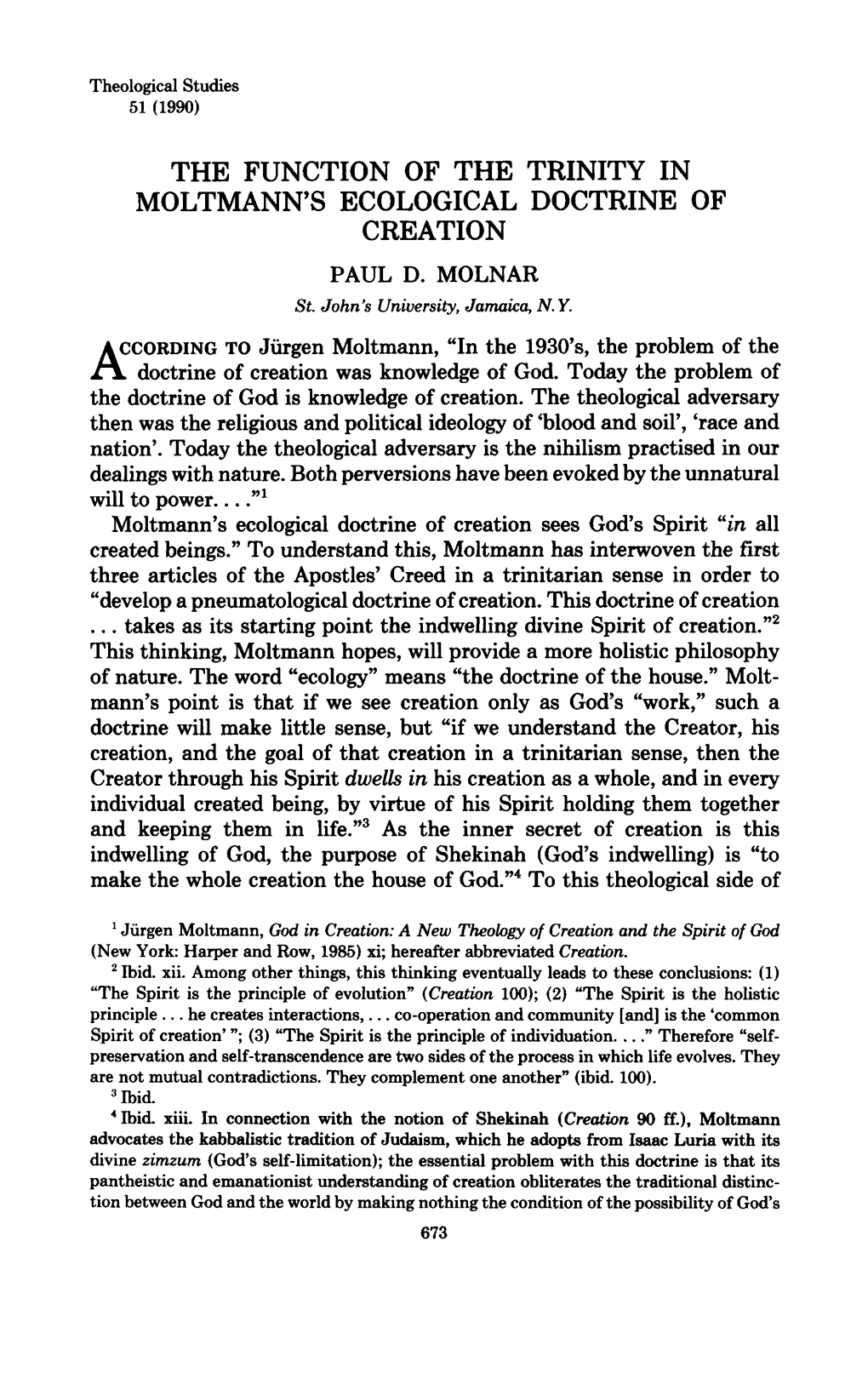 The Function of the Trinity in Moltmann's Ecological Doctrine of Creation Paul D