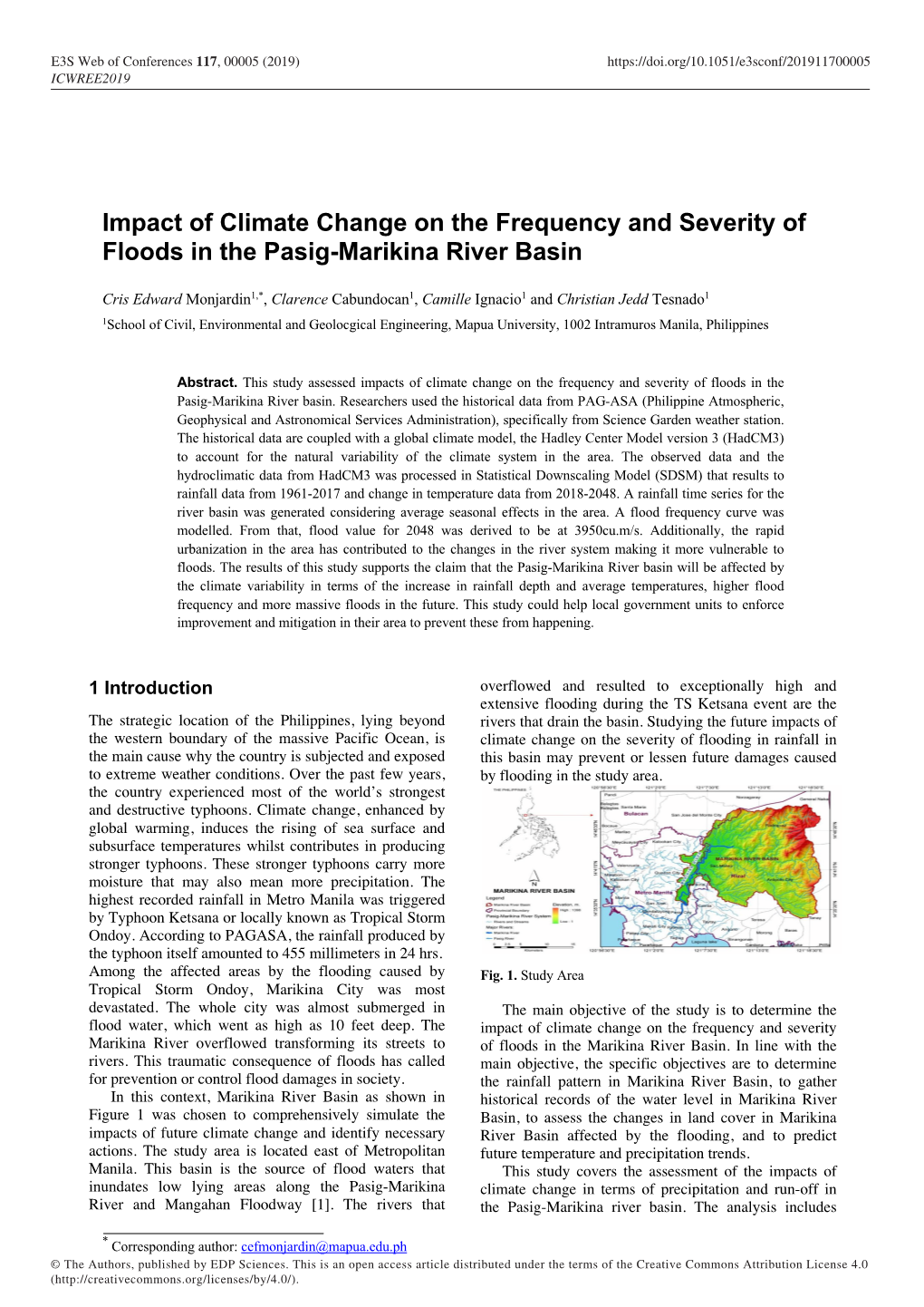 Impact of Climate Change on the Frequency and Severity of Floods in the Pasig-Marikina River Basin