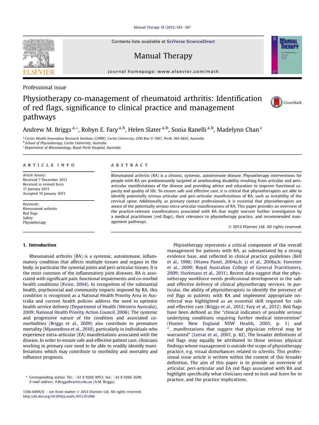 Physiotherapy Co-Management of Rheumatoid Arthritis: Identiﬁcation of Red ﬂags, Signiﬁcance to Clinical Practice and Management Pathways