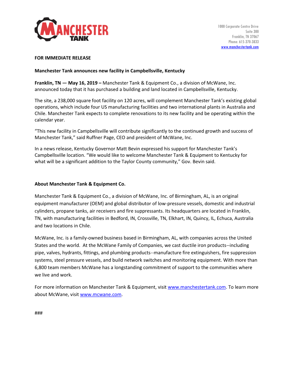FOR IMMEDIATE RELEASE Manchester Tank Announces New Facility in Campbellsville, Kentucky Franklin, TN — May 16, 2019 – Manch