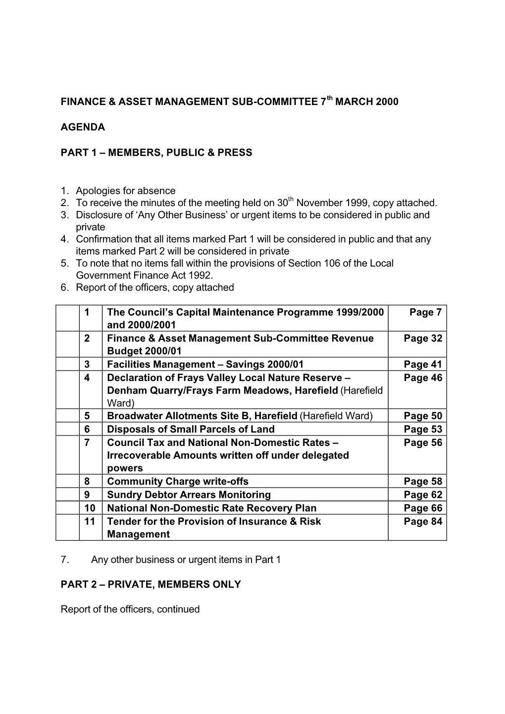 Finance & Asset Management Sub-Committee 7 March 2000