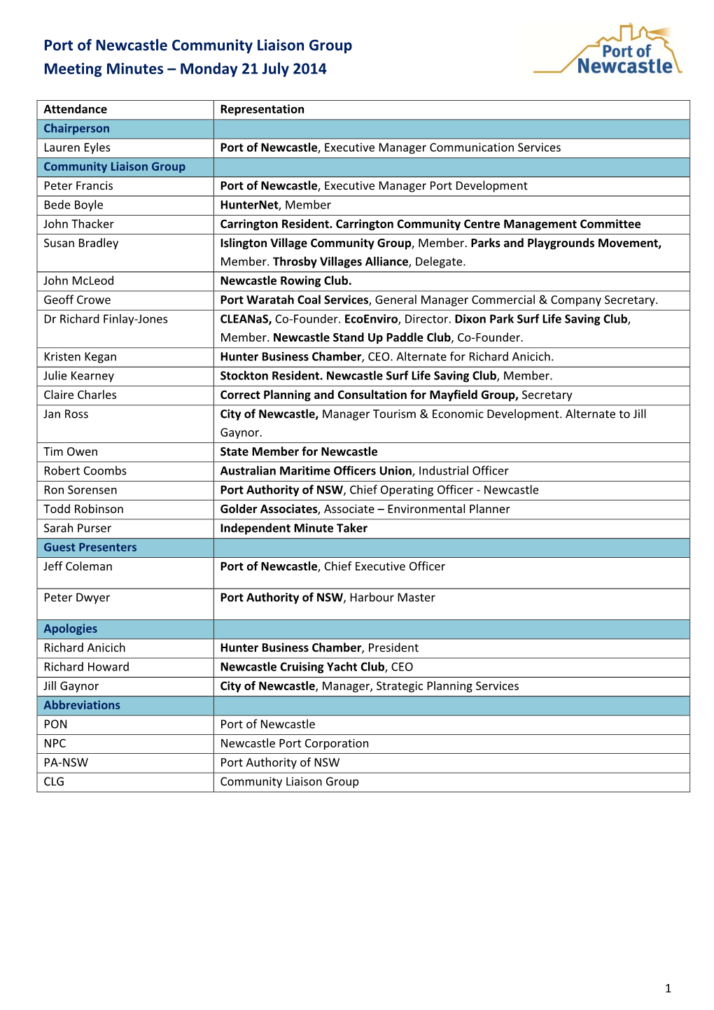 Port of Newcastle Community Liaison Group Meeting – July 2014