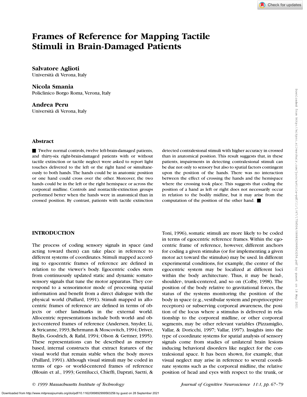 Frames of Reference for Mapping Tactile Stimuli in Brain-Damaged Patients