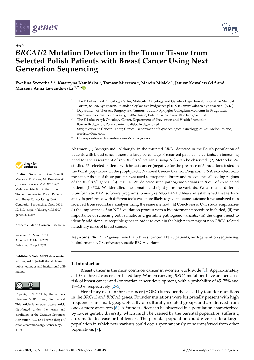 BRCA1/2 Mutation Detection in the Tumor Tissue from Selected Polish Patients with Breast Cancer Using Next Generation Sequencing