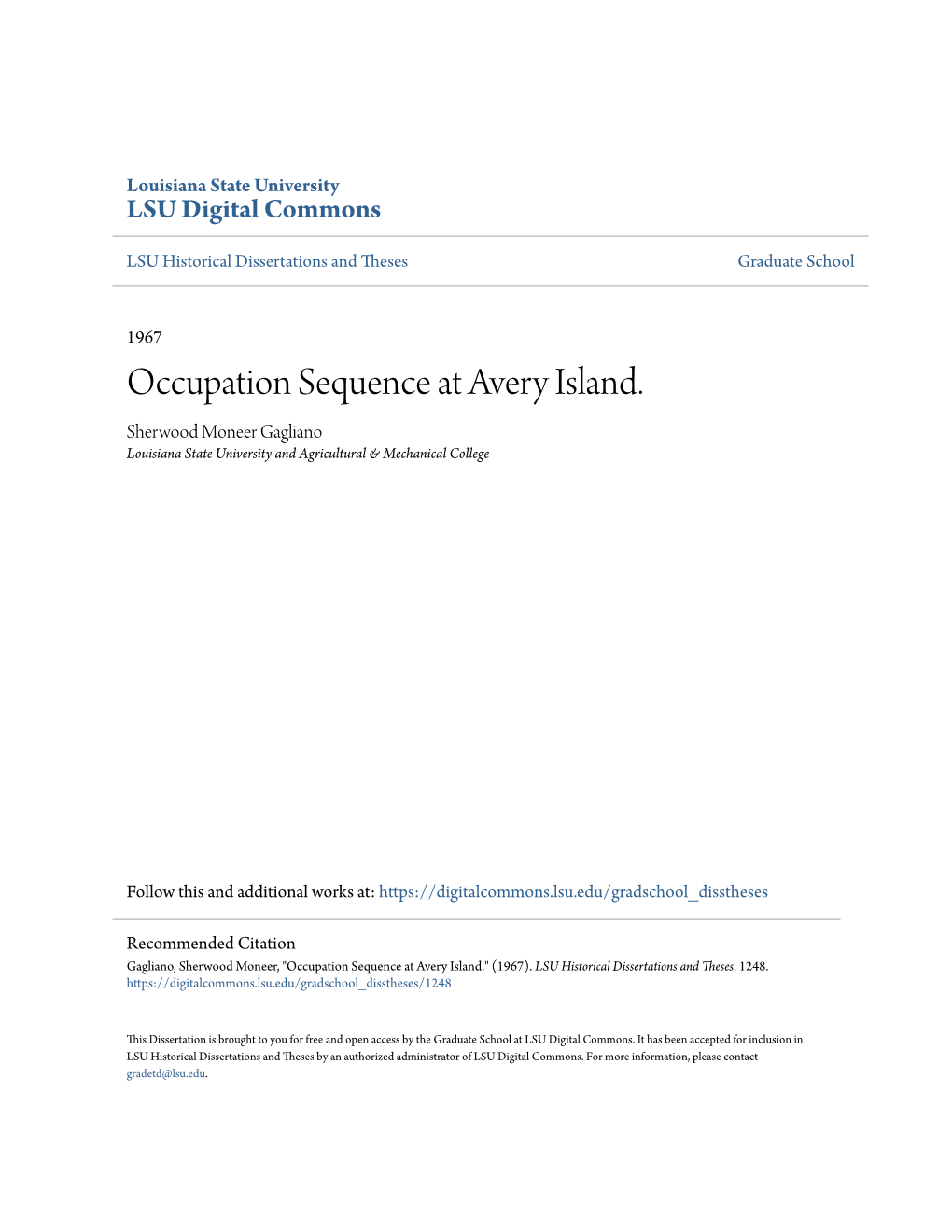 Occupation Sequence at Avery Island. Sherwood Moneer Gagliano Louisiana State University and Agricultural & Mechanical College