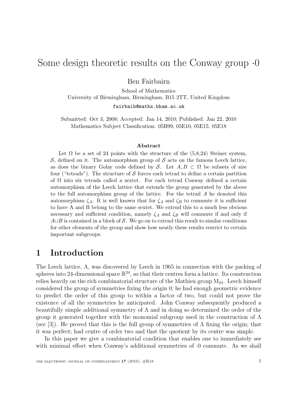 Some Design Theoretic Results on the Conway Group ·0