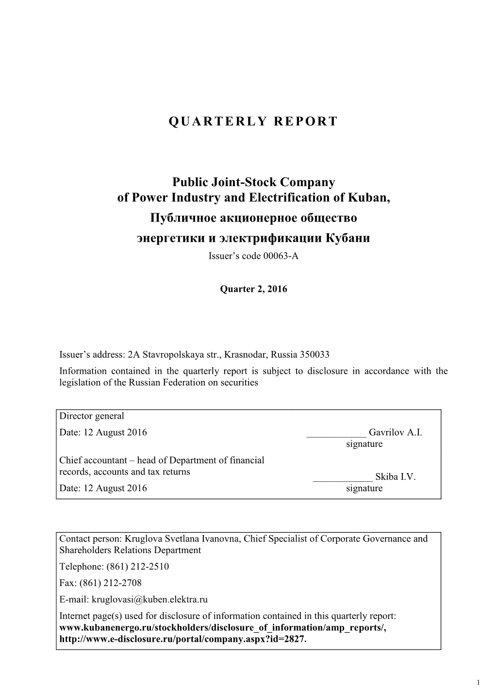 QUARTERLY REPORT Public Joint-Stock Company of Power