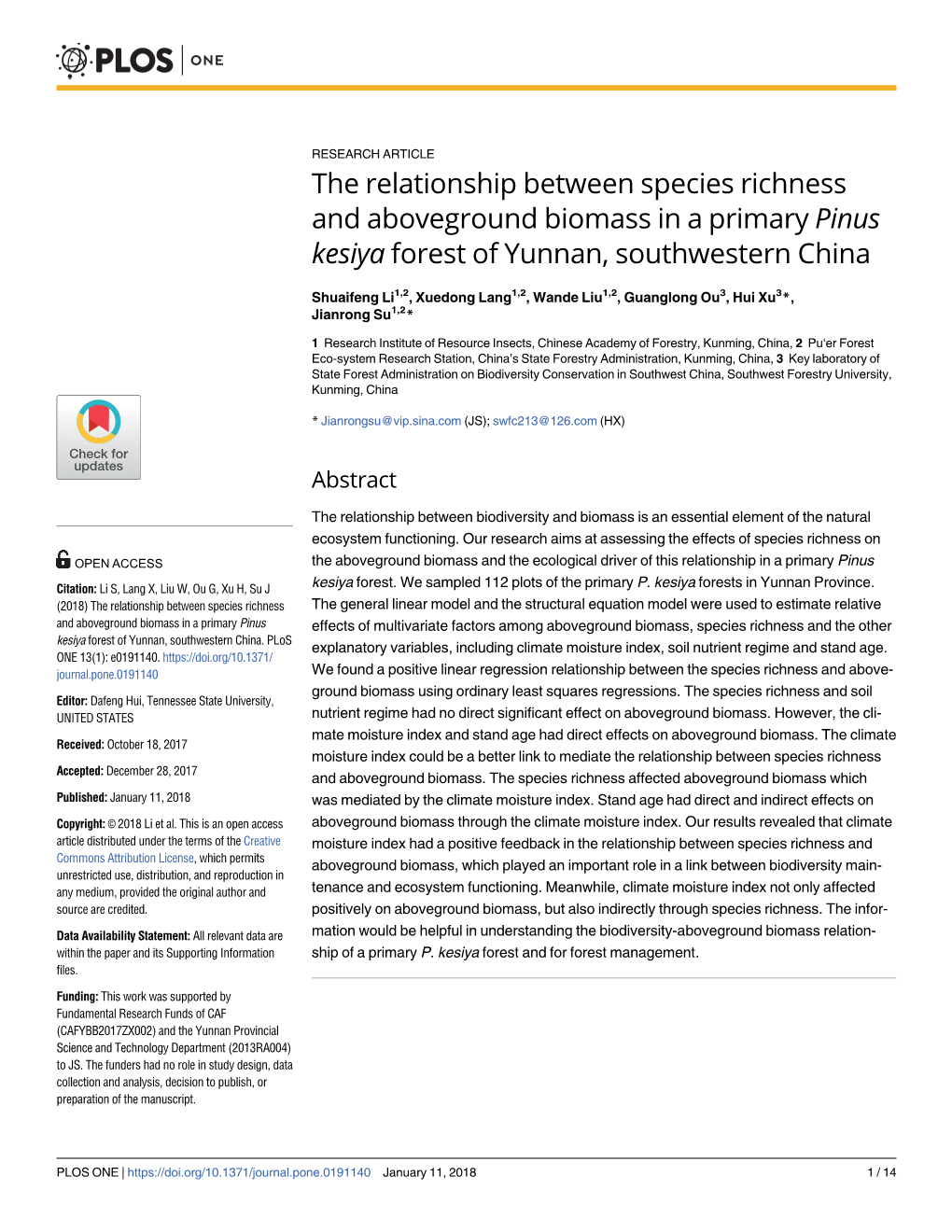 The Relationship Between Species Richness and Aboveground Biomass in a Primary Pinus Kesiya Forest of Yunnan, Southwestern China