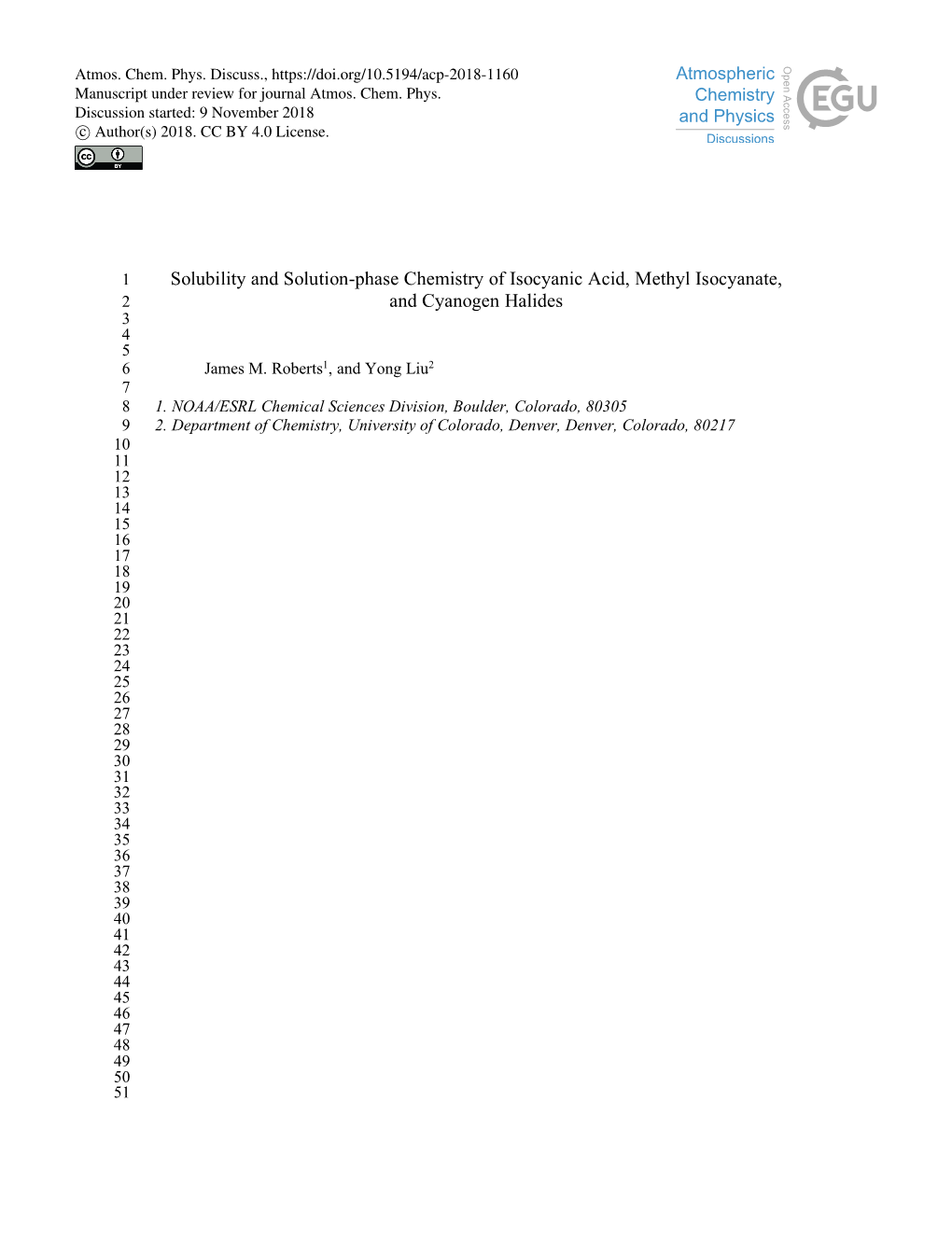 Solubility and Solution-Phase Chemistry of Isocyanic Acid, Methyl Isocyanate, 2 and Cyanogen Halides 3 4 5 6 James M