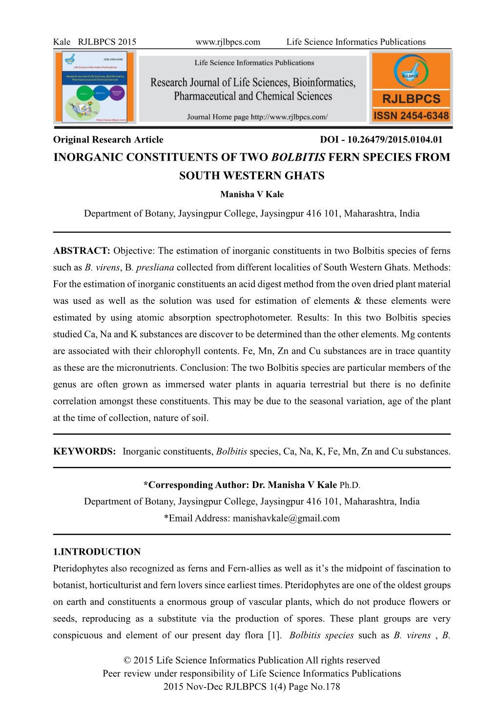 Inorganic Constituents of Two Bolbitis Fern Species from South Western Ghats