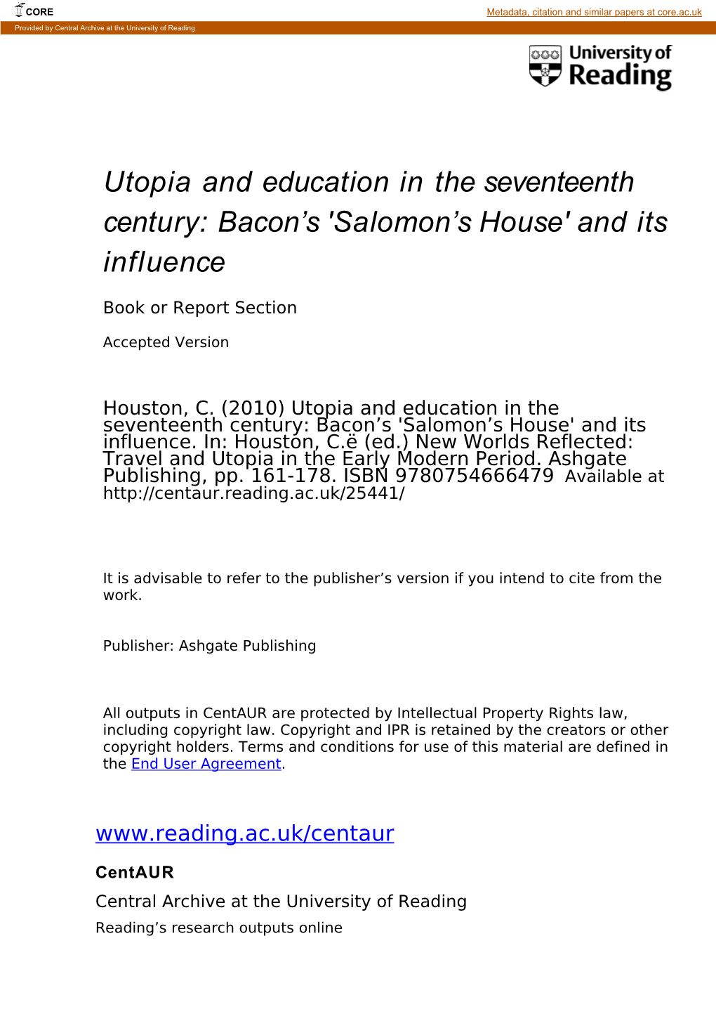 Utopia and Education in the Seventeenth Century: Bacon's