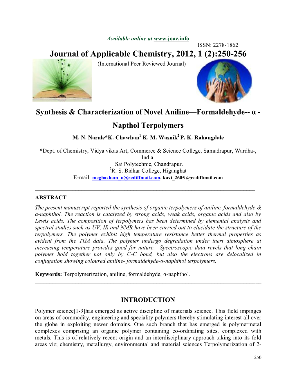 Journal of Applicable Chemistry, 2012, 1 (2):250-256 (International Peer Reviewed Journal)