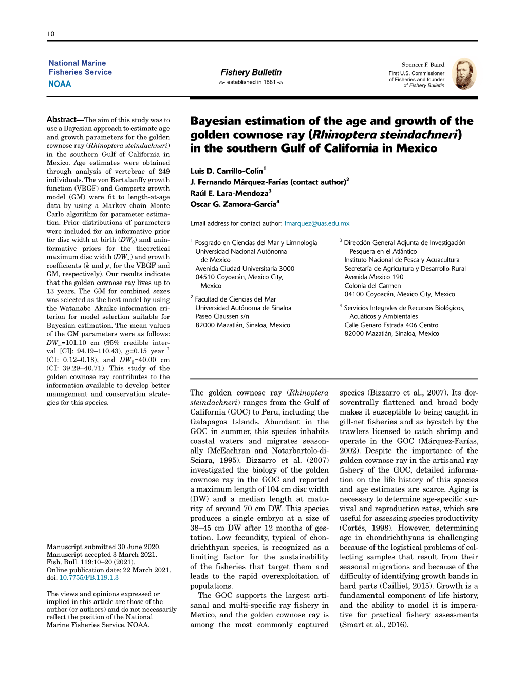 Bayesian Estimation of the Age and Growth of the Golden Cownose Ray