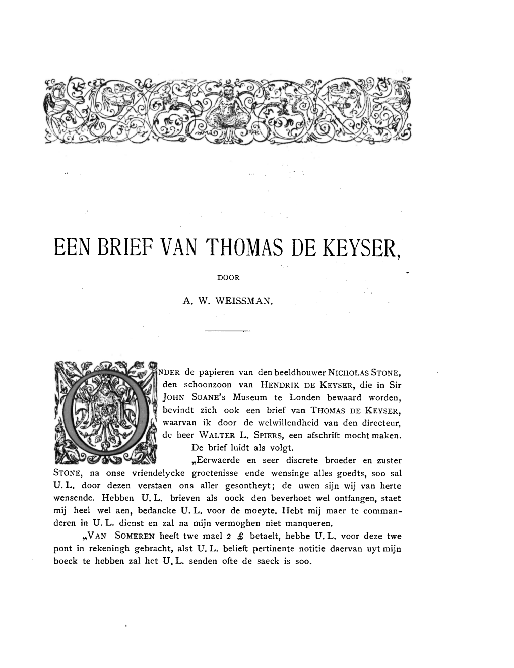 EEN BRIEF VAN THOMAS DE KEYSER, DOOR A. W. WEISSMAN. NDER De Papieren Van Den Beeldhouwer NICHOLAS STONE, Den Schoonzoon Van