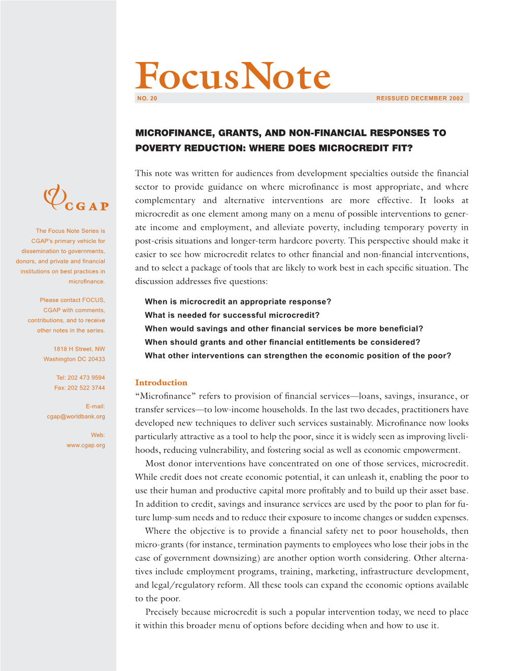 Microfinance, Grants, and Non-Financial Responses to Poverty Reduction: Where Does Microcredit Fit?