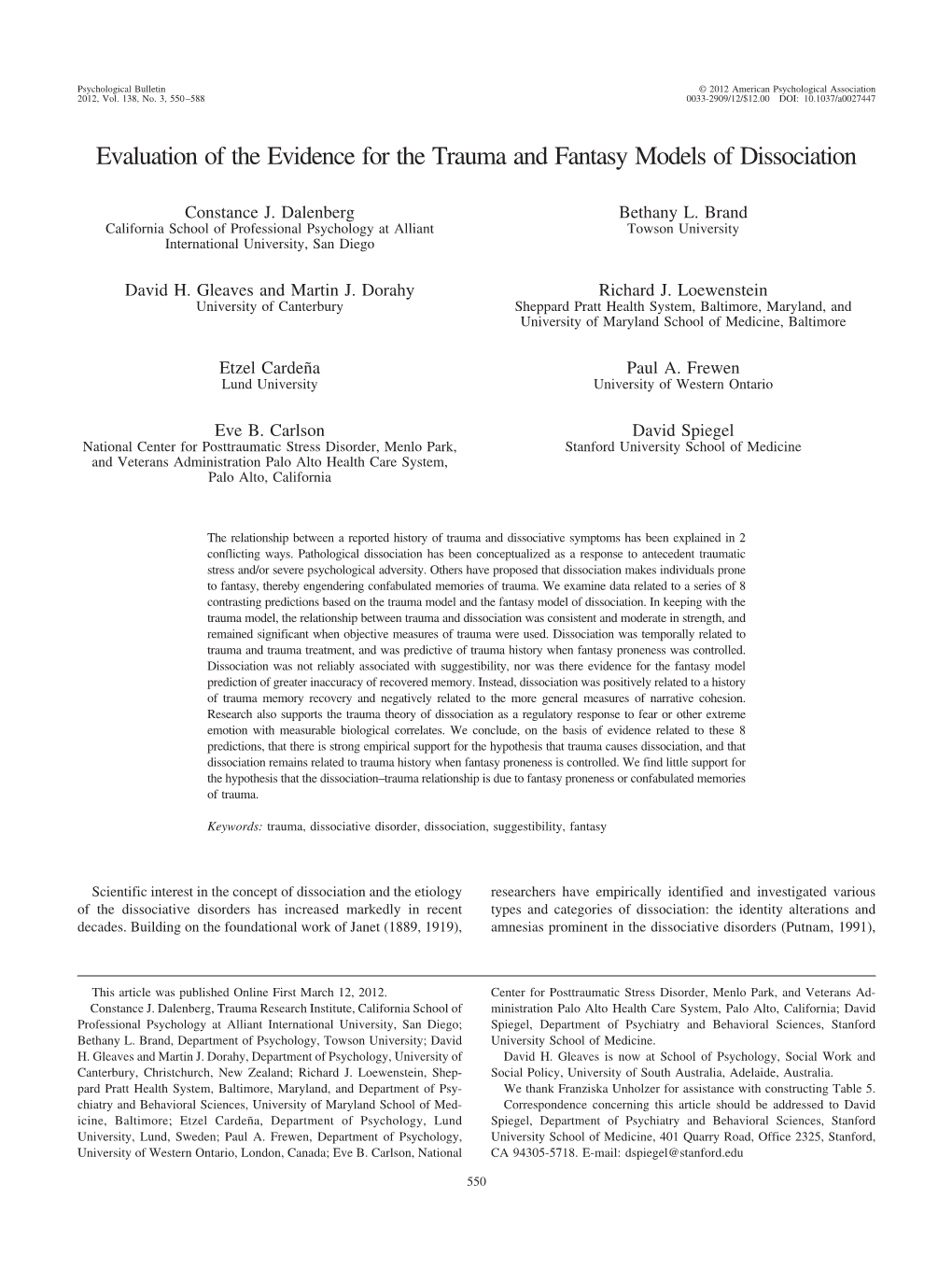 Evaluation of the Evidence for the Trauma and Fantasy Models of Dissociation