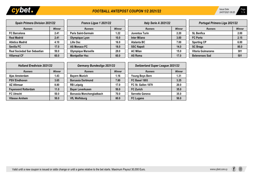 Football Antepost Coupon 1/2 2021/22 24/07/2021 09:25 1 / 4