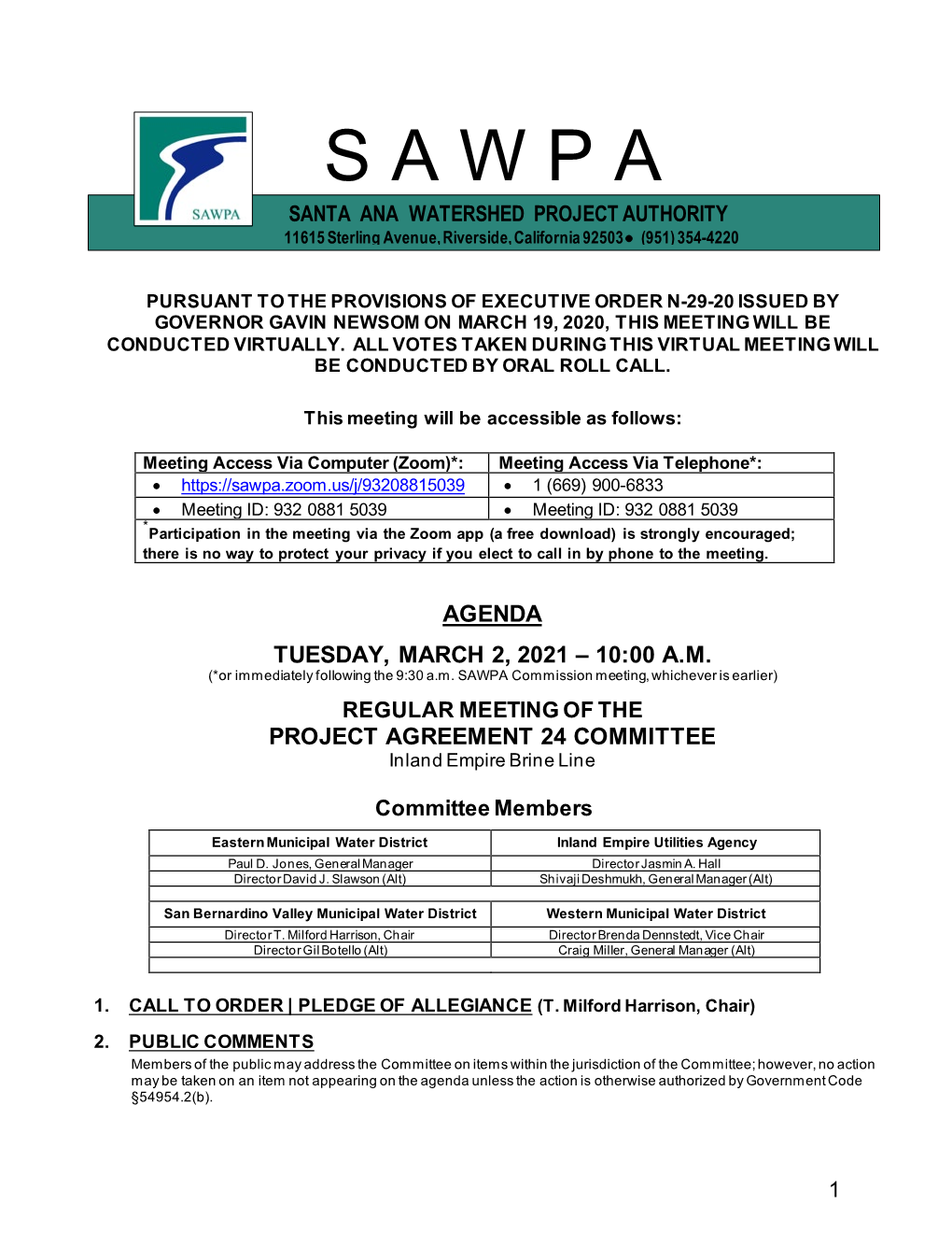 S a W P a SANTA ANA WATERSHED PROJECT AUTHORITY 11615 Sterling Avenue, Riverside, California 92503 • (951) 354-4220