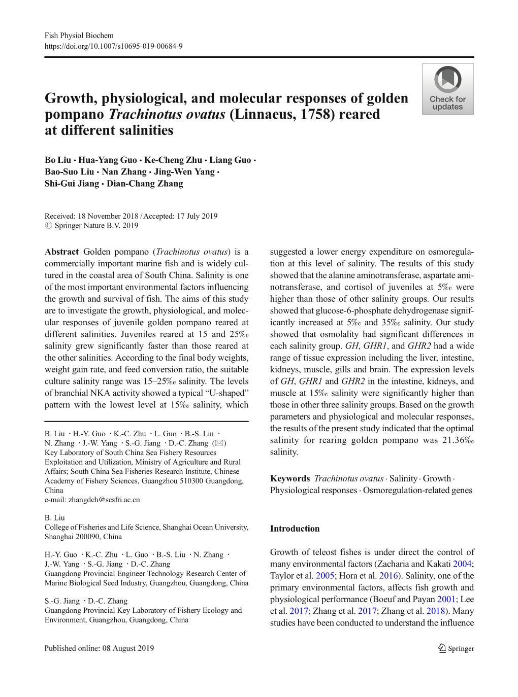 Growth, Physiological, and Molecular Responses of Golden Pompano Trachinotus Ovatus (Linnaeus, 1758) Reared at Different Salinities