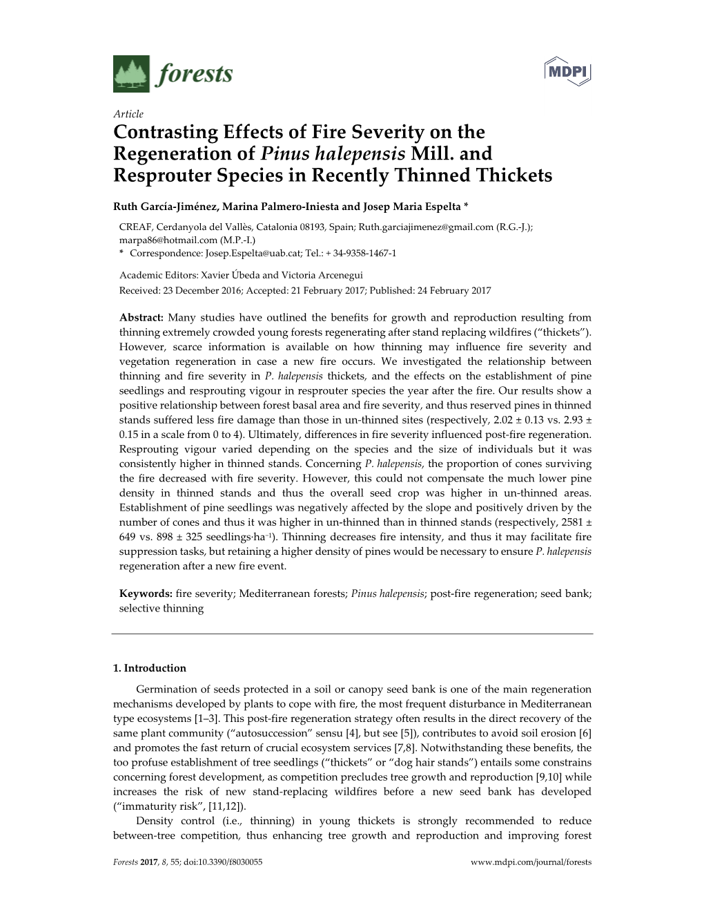 Contrasting Effects of Fire Severity on the Regeneration of Pinus Halepensis Mill