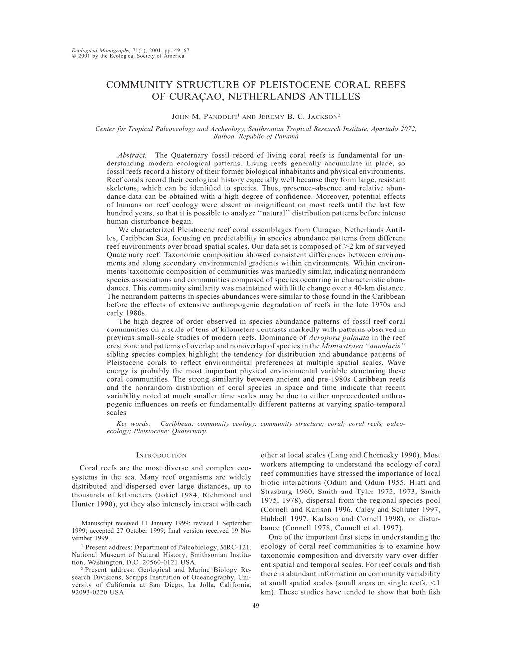 Community Structure of Pleistocene Coral Reefs of Curacë Ao, Netherlands Antilles