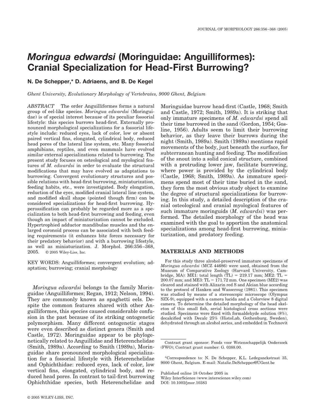 Moringua Edwardsi (Moringuidae: Anguilliformes): Cranial Specialization for Head-First Burrowing?