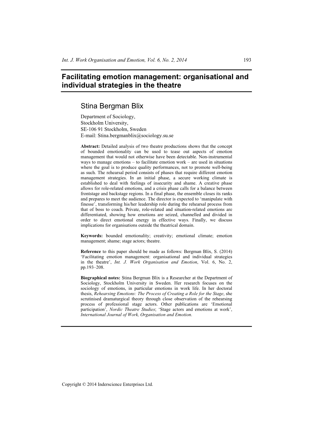 Facilitating Emotion Management: Organisational and Individual Strategies in the Theatre