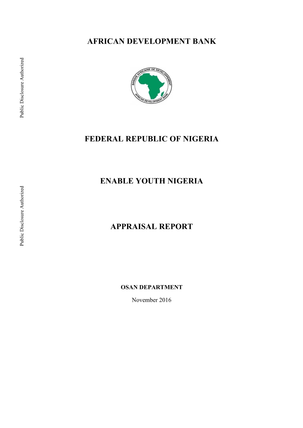 Federal Republic of Nigeria Enable Youth Nigeria Appraisal Report