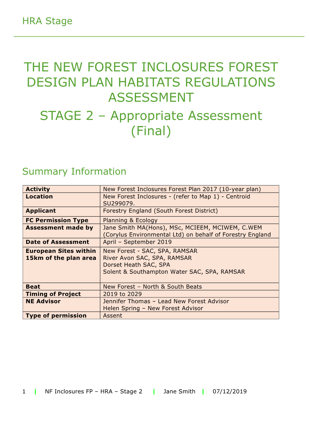 THE NEW FOREST INCLOSURES FOREST DESIGN PLAN HABITATS REGULATIONS ASSESSMENT STAGE 2 – Appropriate Assessment (Final)