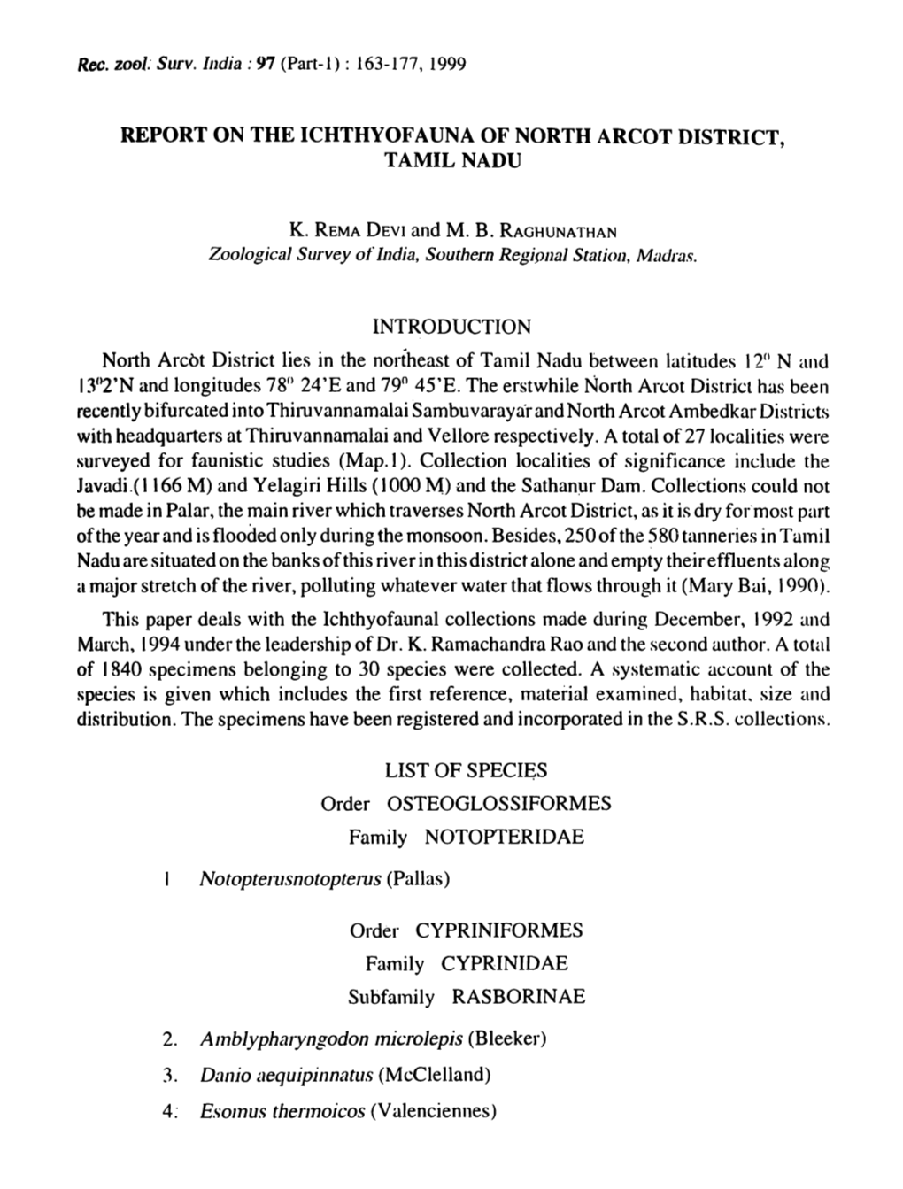 Report on the Ichthyofauna of North Arcot District, Tamilnadu