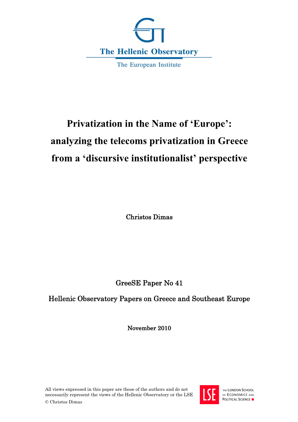 Analyzing the Telecoms Privatization in Greece from a ‘Discursive Institutionalist’ Perspective