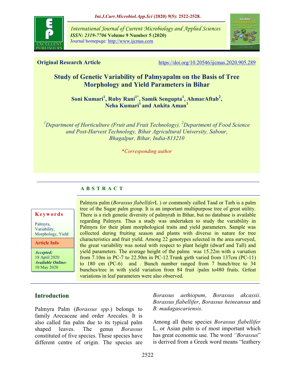 Study of Genetic Variability of Palmyapalm on the Basis of Tree Morphology and Yield Parameters in Bihar