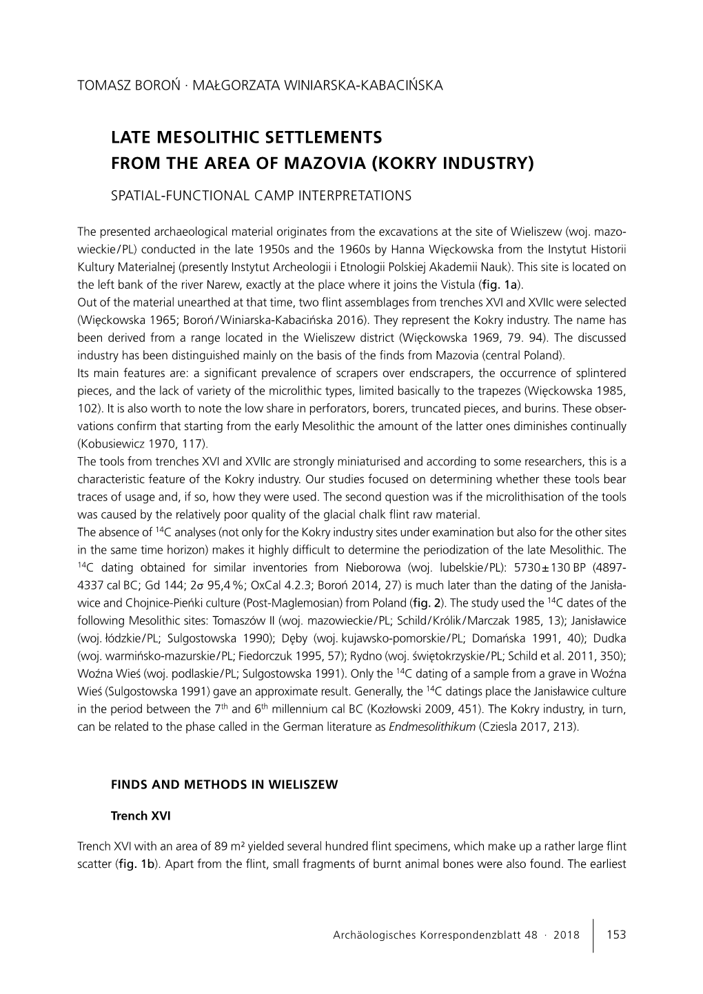 Late Mesolithic Settlements from the Area of Mazovia (Kokry Industry)