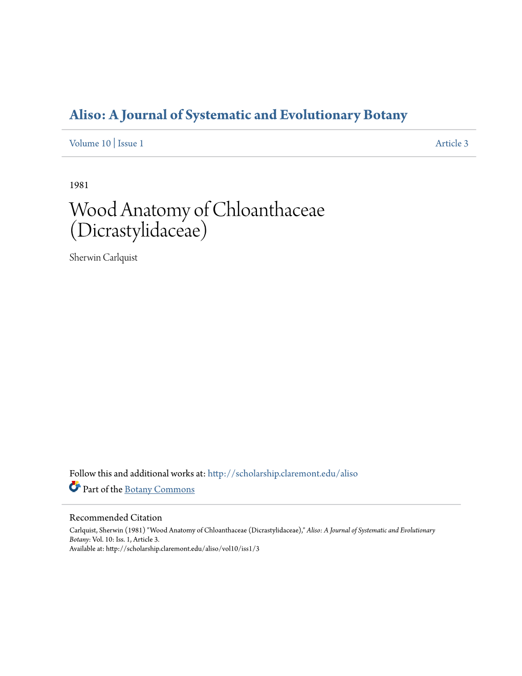 Wood Anatomy of Chloanthaceae (Dicrastylidaceae) Sherwin Carlquist