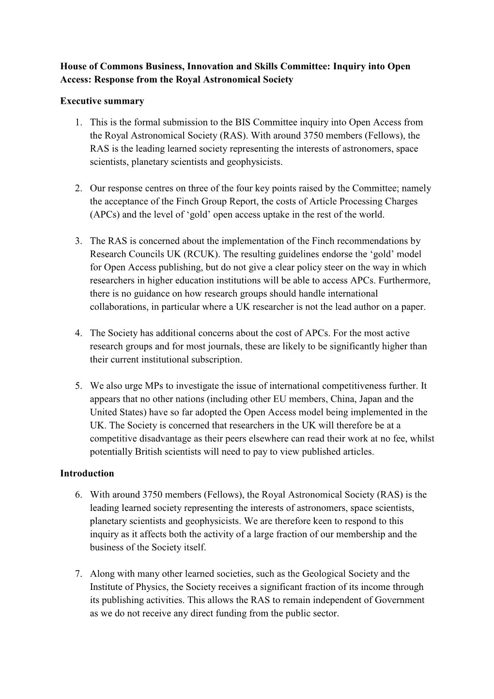 House of Commons Business, Innovation and Skills Committee: Inquiry Into Open Access: Response from the Royal Astronomical Society