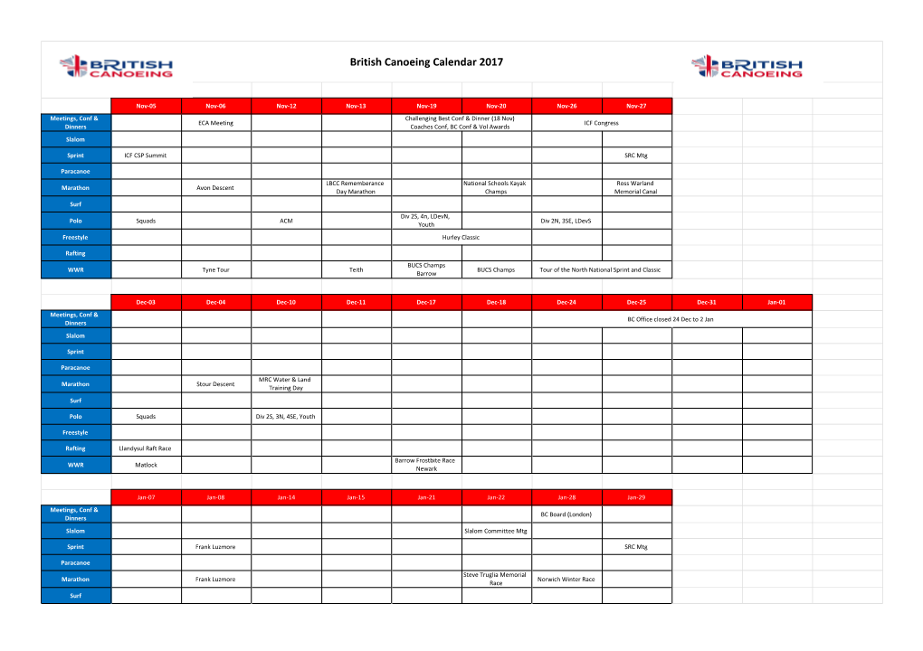 British Canoeing Calendar 2017