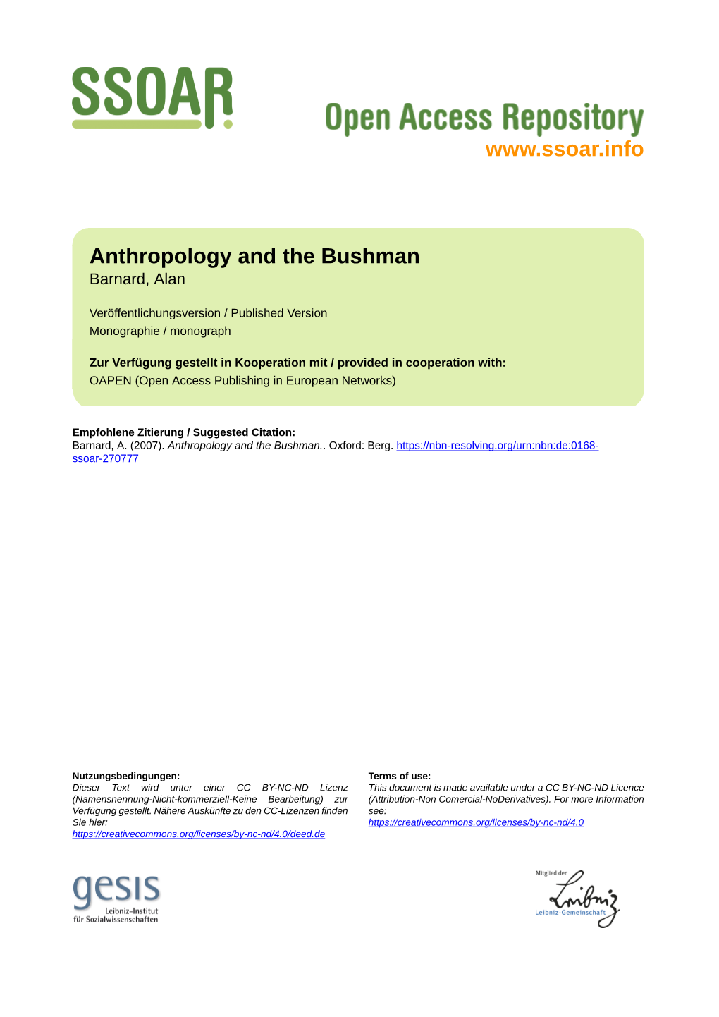 Anthropology and the Bushman Barnard, Alan