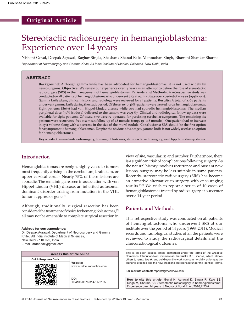 Stereotactic Radiosurgery in Hemangioblastoma