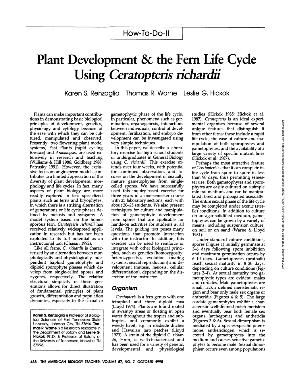 Plant Development & the Fern Life Cycle Using Ceratopteris Richardii