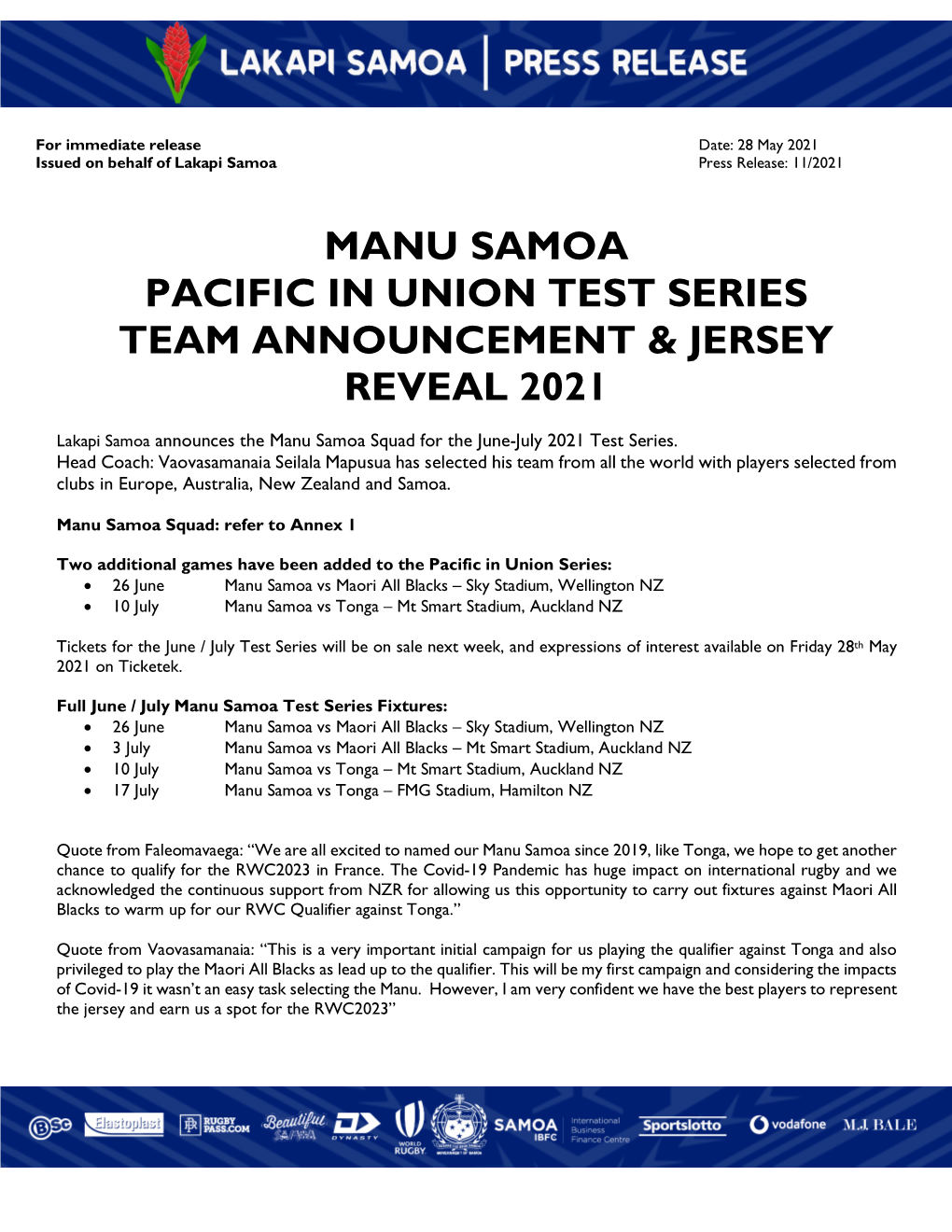 Manu Samoa Pacific in Union Test Series Team Announcement & Jersey Reveal 2021