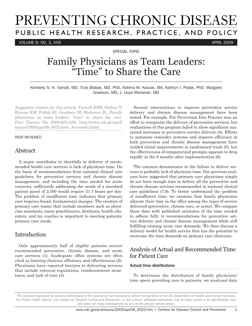 Family Physicians As Team Leaders: “Time” to Share the Care