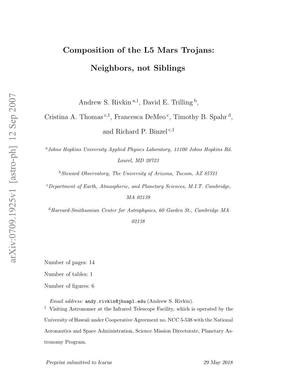 Composition of the L5 Mars Trojans: Neighbors, Not Siblings